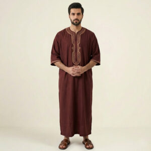 Deep Maroon Embroidered Moroccan Thobe for Men