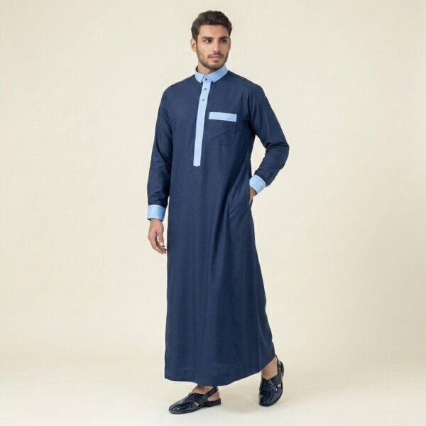 Desgner Navy Blue Men's Thobe with Sky Contrast
