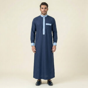 Desgner Navy Blue Men's Thobe with Sky Contrast