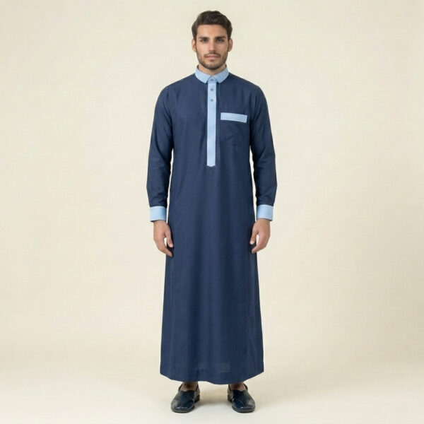Desgner Navy Blue Men's Thobe with Sky Contrast