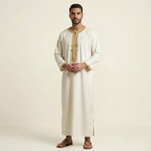 Elegant Off-White Embroidered Moroccan Thobe for Men