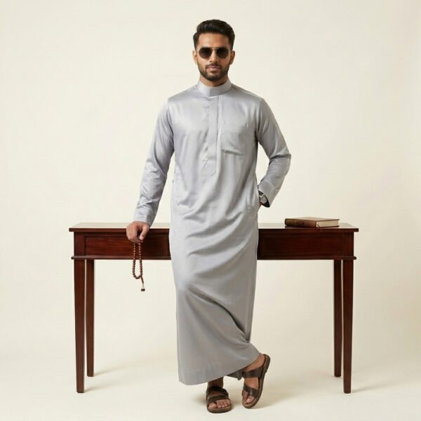 Metallic Slate Grey Arabic Silk Thobe for Men