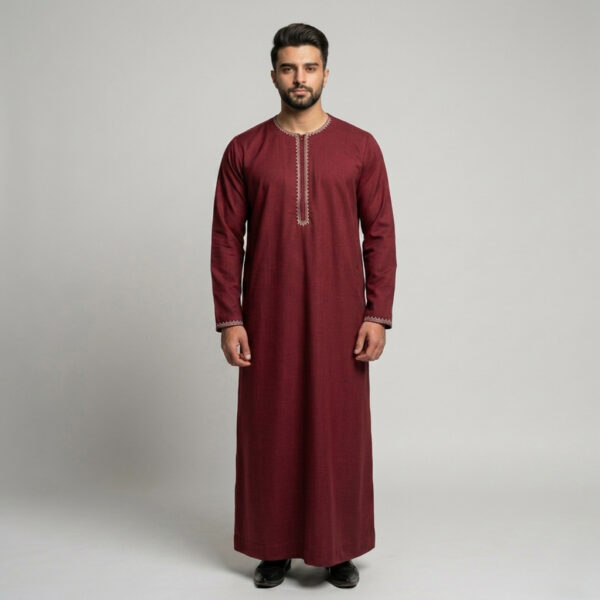 Minimalist-Embroidered-Mens-Maroon-Thobes.jpeg Minimalist Embroidered Men's Maroon Thobe