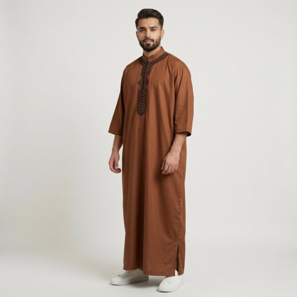 Modern Brown Embroidered Moroccan Thobe for Men