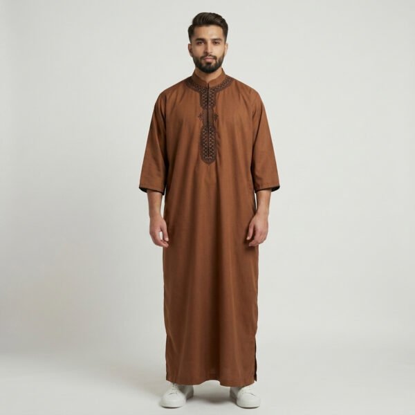Modern Brown Embroidered Moroccan Thobe for Men