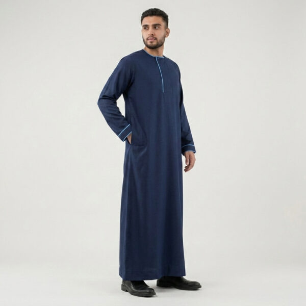 Modern Contrast Piping Navy Blue Men's Thobe