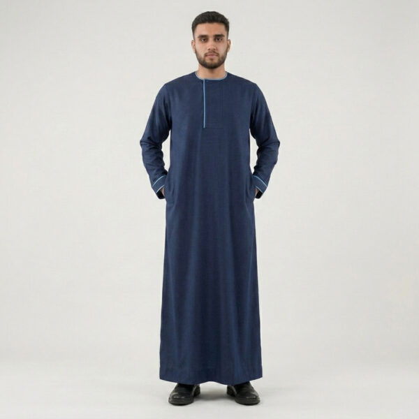 Modern Contrast Piping Navy Blue Men's Thobe