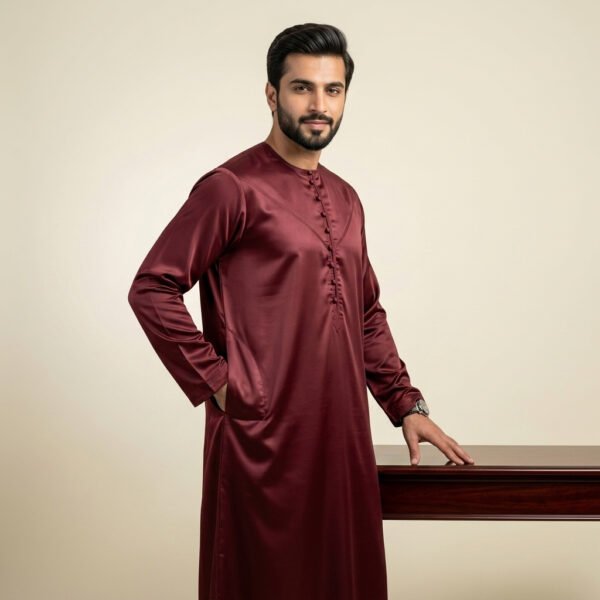 Premium Deep Maroon Silk Thobe for Men