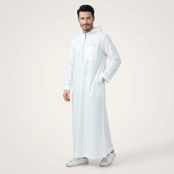 Traditional-White-Mens-Hooded-Thobe-with-Chest-Pocket-2.jpg Traditional White Men's Hooded Thobe with Chest Pocket