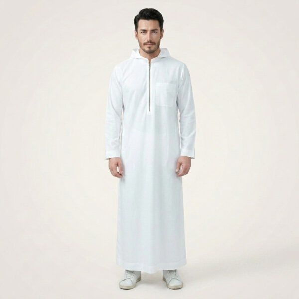 Traditional-White-Mens-Hooded-Thobe-with-Chest-Pocket.jpg Traditional White Men's Hooded Thobe with Chest Pocket