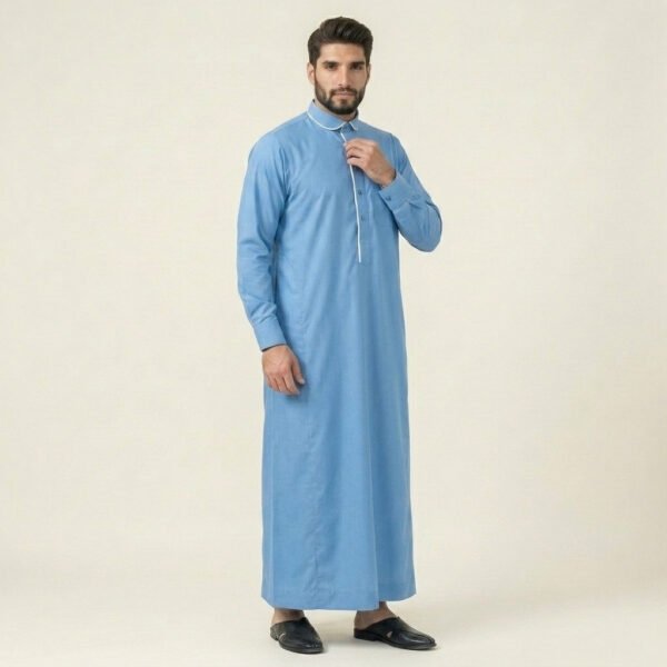 White Contrast Piping Sky Blue Men's Thobe