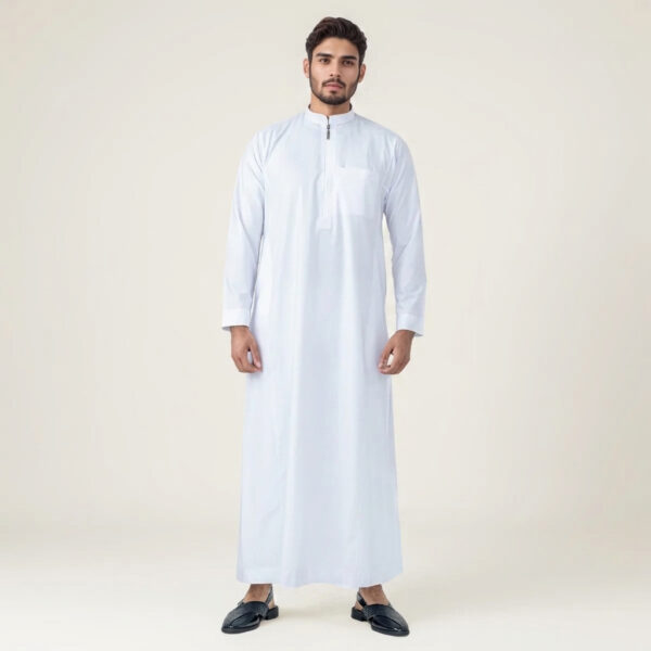 Zip-Neck Style White Thobe for Men